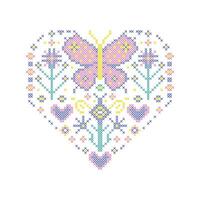 Heart with flowers and butterflies in cross stitch style on white background. vector