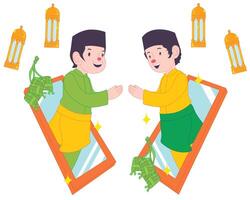 Ramadan forgiveness two people apologizing via phone reflection, with ketupat and lantern ornaments vector