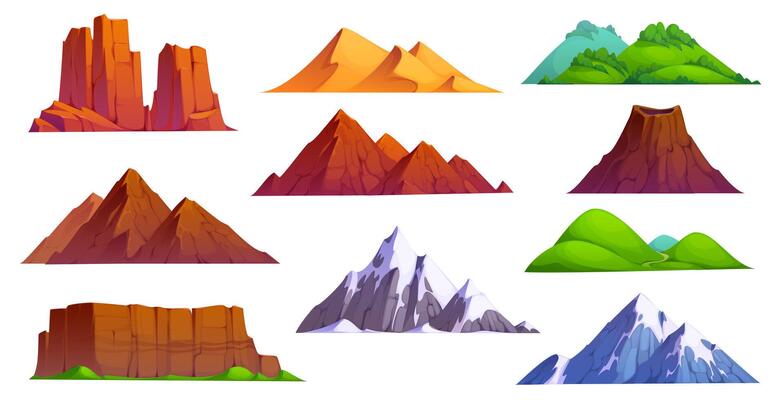 Cartoon mountains and hills, snow peaks and rocks