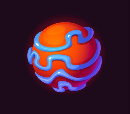 Cartoon alien red space planet with blue rivers