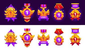 Game rank level up badges, victory shields asset vector