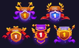 Game level up badge icons, victory shields asset vector