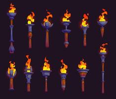Medieval fire torches with flames, game asset vector