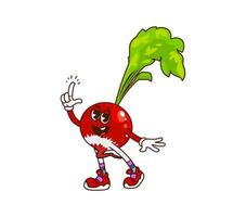 Cartoon groovy radish veggie character in sneakers vector