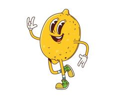Groovy lemon fruit character in retro cartoon vector