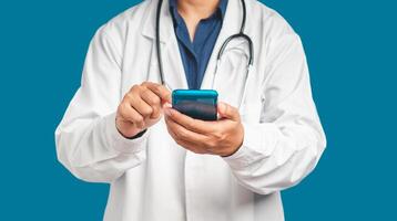 Doctor in a uniform with a stethoscope using a smartphone while standing on a blue background photo