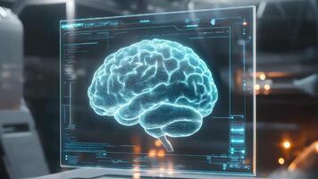 Brain hologram movement. Futuristic display of a human brain in a high-tech laboratory setting, showcasing advanced technology and artificial intelligence. video