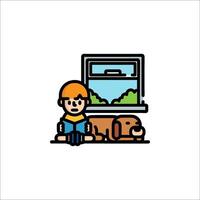 A boy and dog sitting on the floor with a book vector