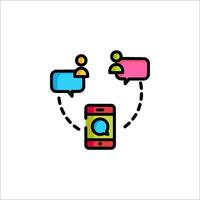 A phone and two people are connected by a chat bubble vector