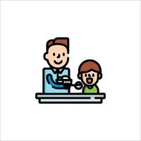 A man and a child are sitting at a table with a toothbrush vector