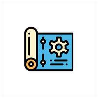 A blue and white icon of a computer and gears vector