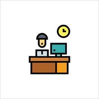 A man at a desk with a clock and computer vector
