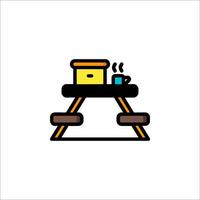 Picnic table with a cup of coffee and a box of cookies vector