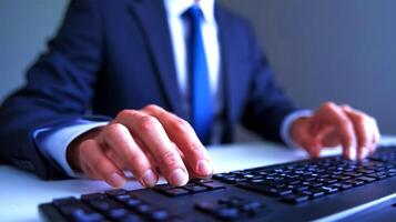A person in a suit is typing on a keyboard photo