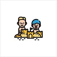 Two people playing in the sand with a castle vector