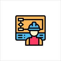 A man in a hard hat is standing in front of a computer vector