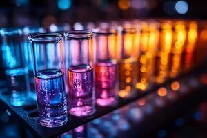 Vibrant Science Laboratory with Colorful Test Tubes and Bokeh Lights photo