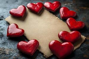 Romantic Valentine's Day Card Design with Red Hearts and Rustic Paper Background photo