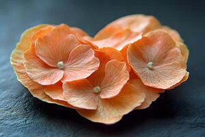 Heart-Shaped Peach Hydrangea Petals on Dark Background for Floral Art and Decor photo
