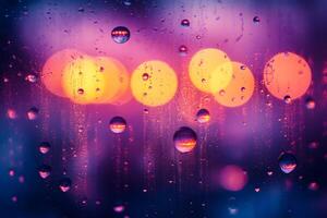 Vibrant Raindrop-Covered Window with Blurred Bokeh Lights at Dusk for Creative Design photo