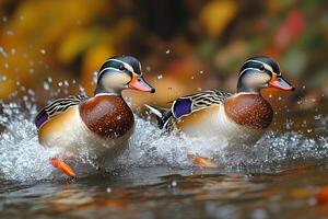 Vibrant Mandarin Ducks Splashing in Autumn River Scene photo