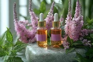 Herbal Skincare Serum Bottles in Elegant Natural Floral Setting photo
