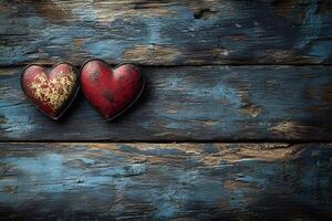 Rustic Love Theme Two Vintage Hearts on Weathered Wooden Background photo