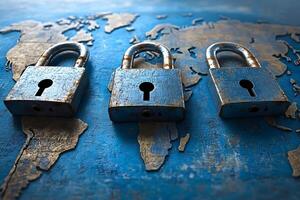 Global Data Security Concept Three Rusty Padlocks on World Map Background photo