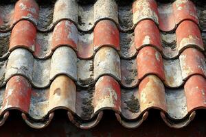 Weathered Vintage Roof Tiles with Moss Highlights Ideal for Architectural Design and Restoration Projects photo