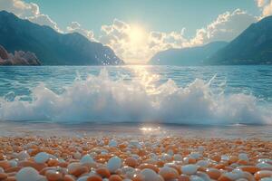 Serene Sunset Over Rocky Beach with Waves and Mountain View for Nature Posters photo