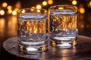 Sparkling Water in Glasses with Warm Bokeh Background for Beverage Advertising photo