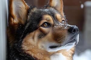 Close-Up Portrait of a Snow-Flecked Siberian Husky Dog in Winter photo