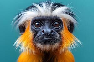 Striking Portrait of a Golden Lion Tamarin Monkey Against Turquoise Background photo