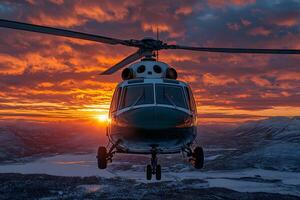 Helicopter Flight Over Snowy Mountains at Sunset - Winter Adventure and Exploration Aerial View photo