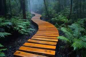 Serene Wooden Path Through Misty Forest - Nature's Tranquil Escape photo
