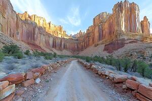 Majestic Canyon Landscape with Rugged Cliffs and Serene Pathway at Sunrise photo