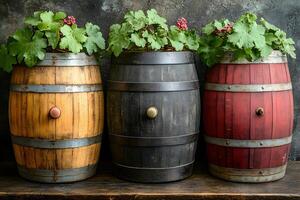 Rustic Wine Barrel Planters with Grapevine Decor for Home and Garden Design photo