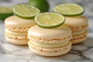 Lemon Lime Macaron Trio with Fresh Citrus Slices on Marble Background for Culinary Design and Dessert Promotions photo
