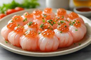 Elegant Sushi Presentation with Salmon Roe Garnish for Culinary Inspiration photo