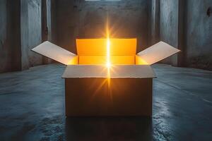 Mysterious Glowing Box in Dimly Lit Industrial Space for Conceptual Design photo
