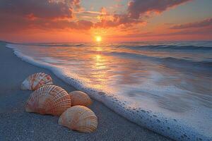 Tranquil Beach Sunset with Seashells at the Shoreline for Coastal Decor Art photo