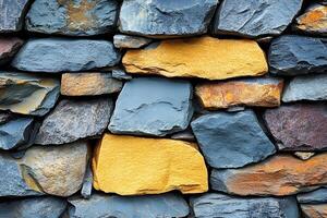 Textured Stone Wall with Slate and Golden Accents for Interior Design and Architecture photo