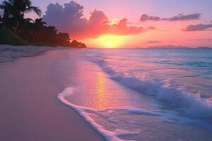 Tranquil Tropical Sunset on Pristine Beach with Waves and Palm Trees photo
