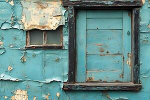 Vintage Weathered Door and Window on Peeling Turquoise Wall for Rustic Design and Texture Inspiration photo