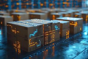 Futuristic Smart Warehouse with Illuminated Boxes and Advanced Technology photo
