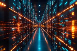 Futuristic Data Center Hallway with Glowing Server Racks for Technology and Network Concepts photo