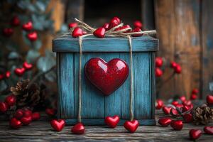 Rustic Valentine's Gift Box with Red Hearts for Romantic Celebrations photo