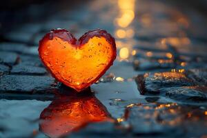 Heart-Shaped Candle on Cobblestones with Reflective Water Surface Romantic Mood and Evening Light photo