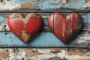 Rustic Wooden Hearts on Weathered Blue Plank Background for Vintage Design photo