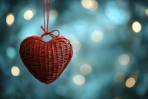 Romantic Wicker Heart Ornament with Festive Bokeh Light Background for Valentine's Day Design photo